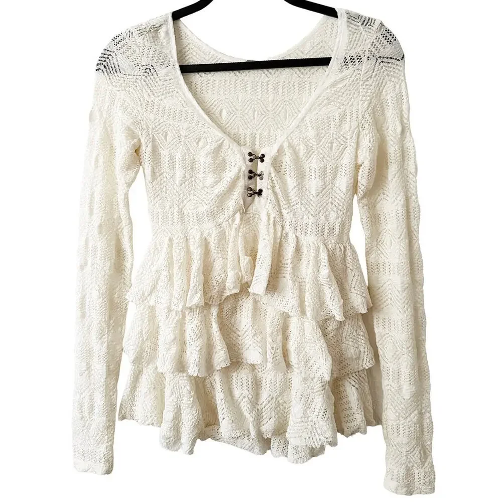 Free‎ People Women's Cream Ruffle Lace Tiered Top Peasant Bohemian Cottagecore S
